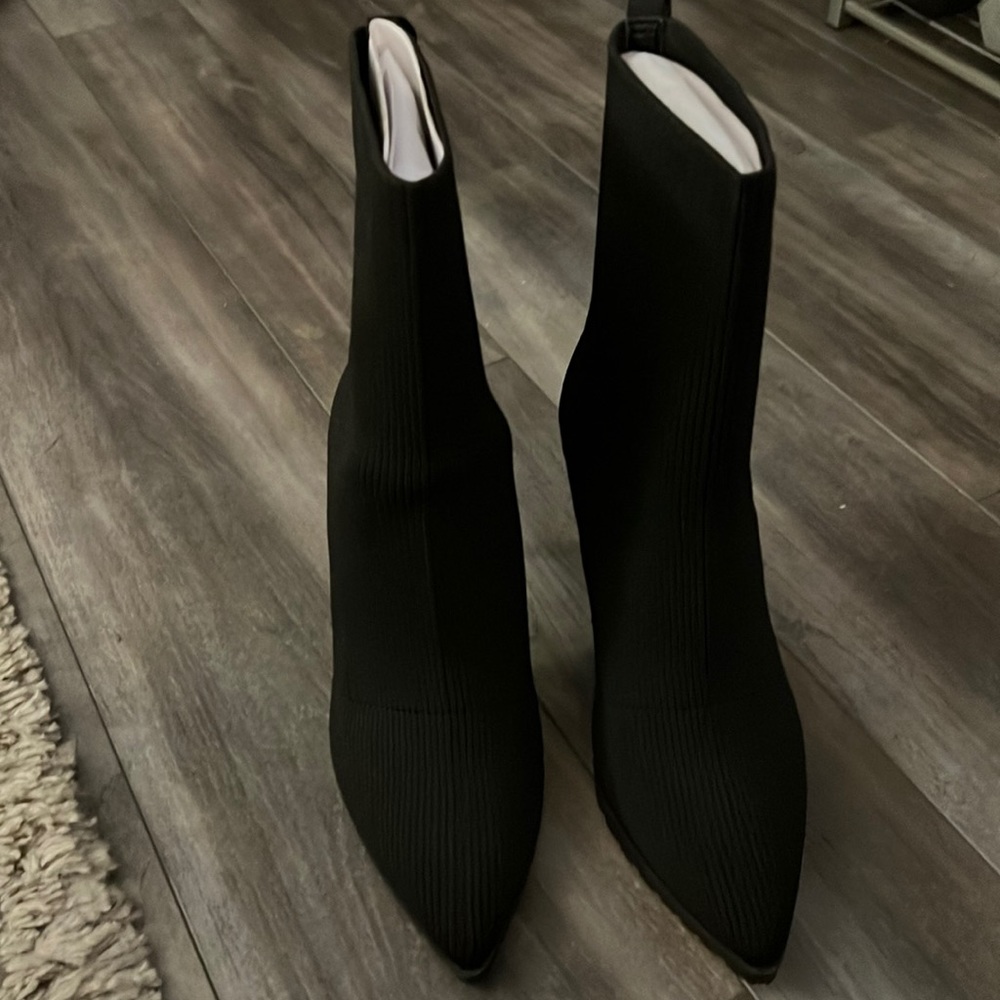 Black fabric heel booties
